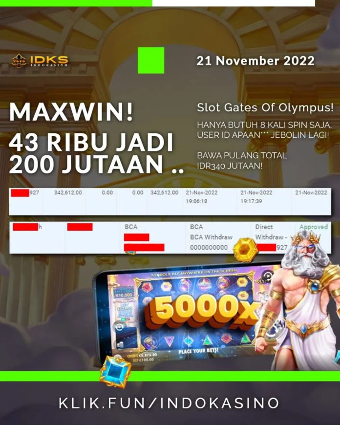 Member Indokasino menang jackpot ratusan juta Gates of Olympus di Indokasino